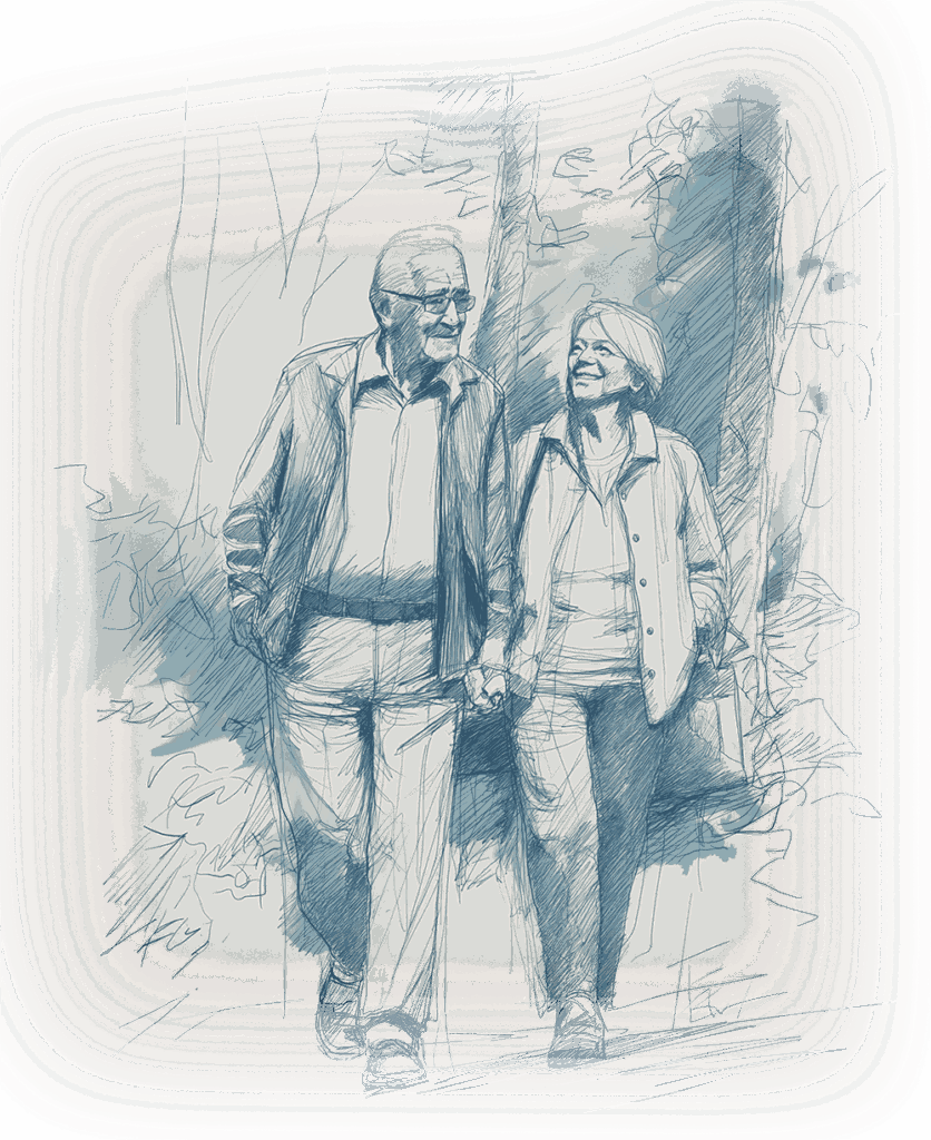 Pencil illustration of a loving senior citizen couple taking a nice walk through nature. Smiles on their faces.